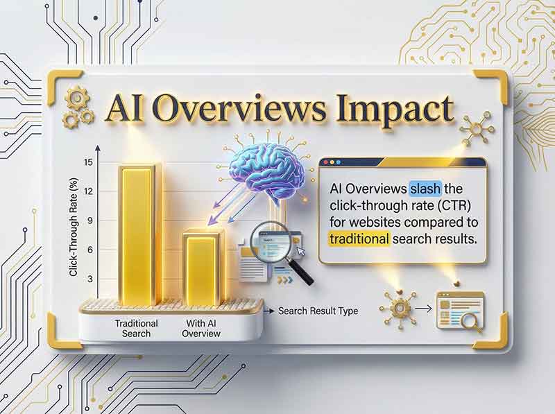AI Overviews Impact - bar chart showing how AI Overviews slash click-through rates compared to traditional search results