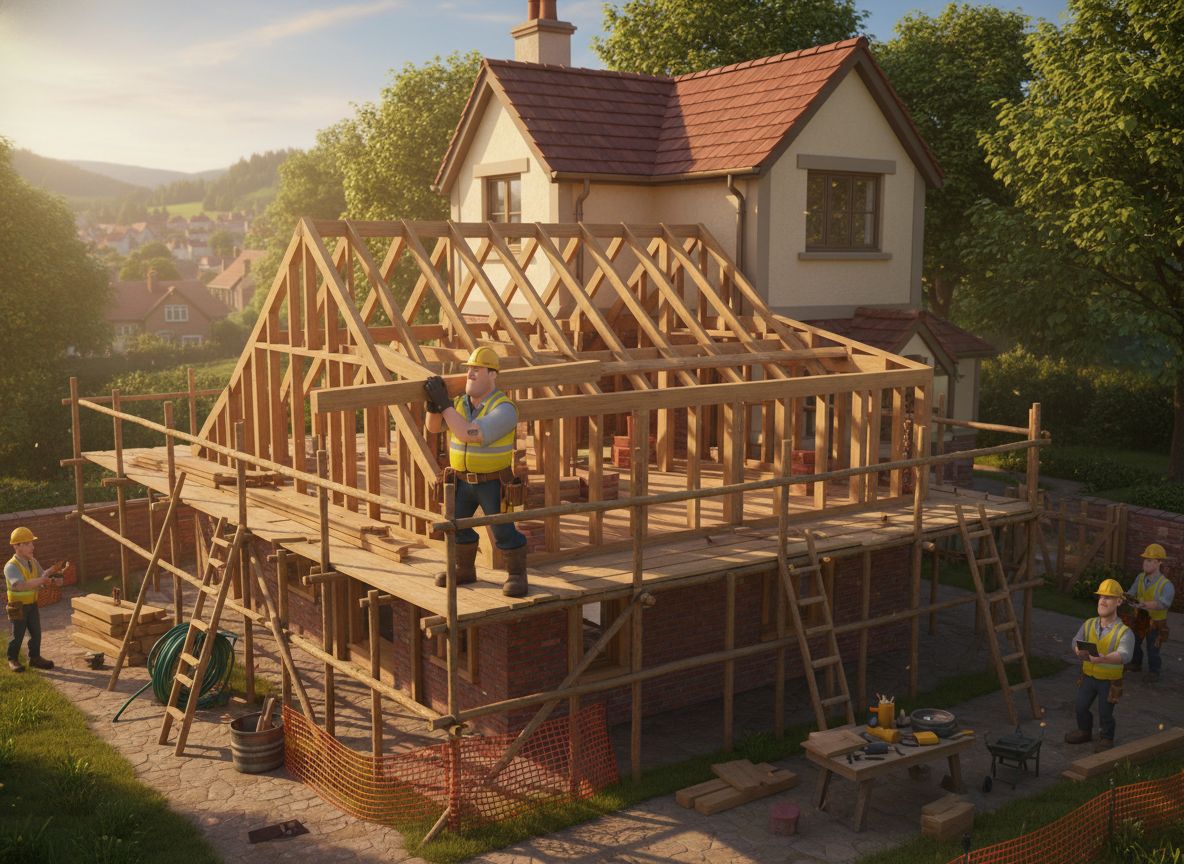 A partially completed loft conversion or house extension showing scaffolding, timber framing or steelwork