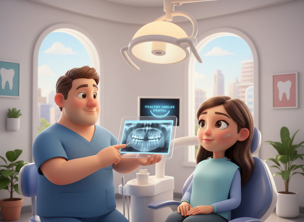A dentist consulting with a patient or examining X-rays on a screen