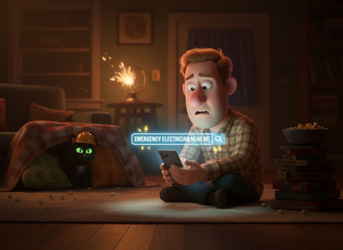 A homeowner looking at their phone during a power cut (torch light, dark room), with a glowing phone screen showing an AI search result